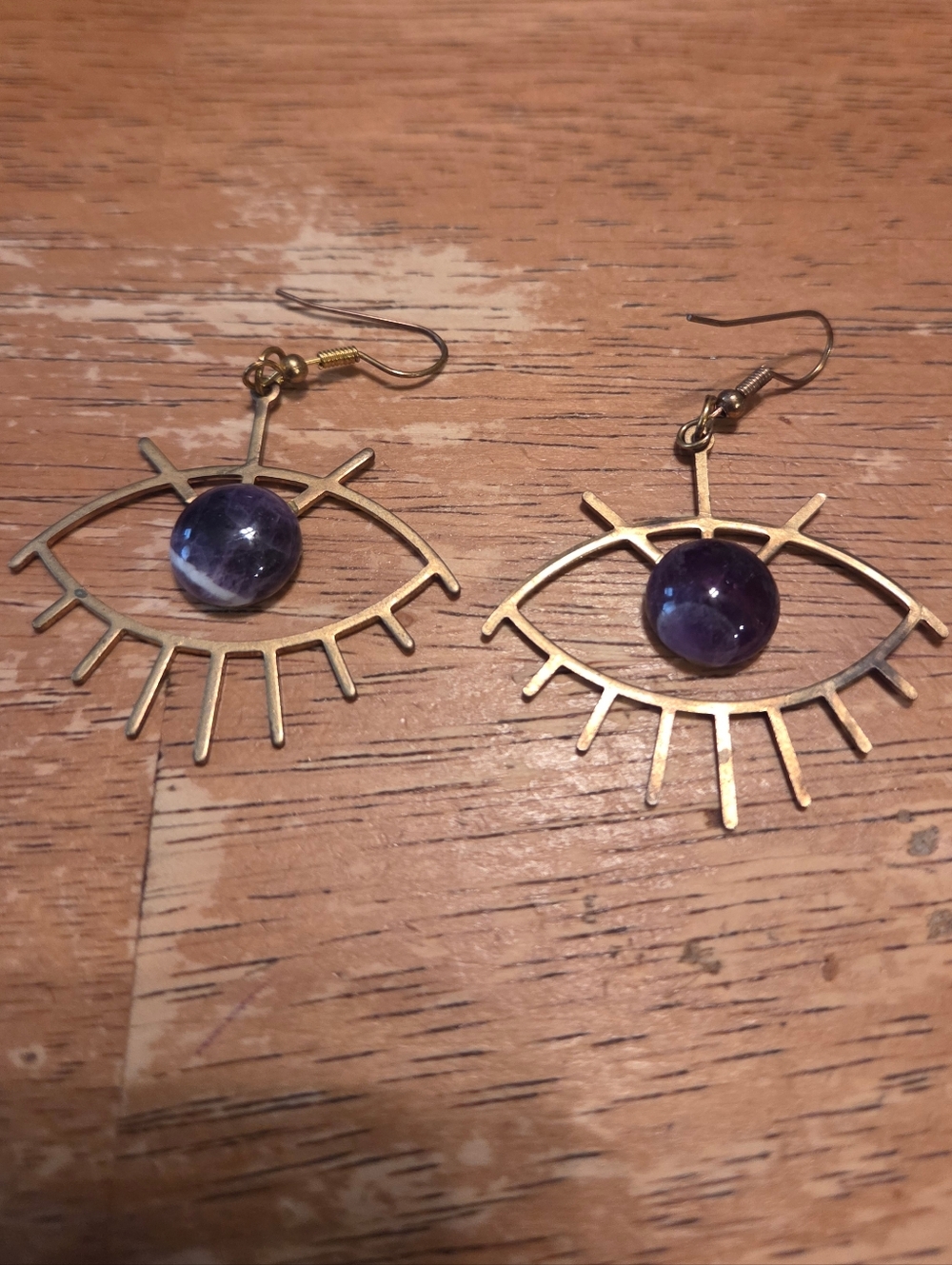 Eye Design Brass and Amethyst Earrings